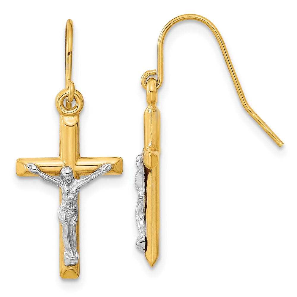 10k Two-tone 11.72 mm Polished Jesus Crucifix Earrings (0.94 grams)