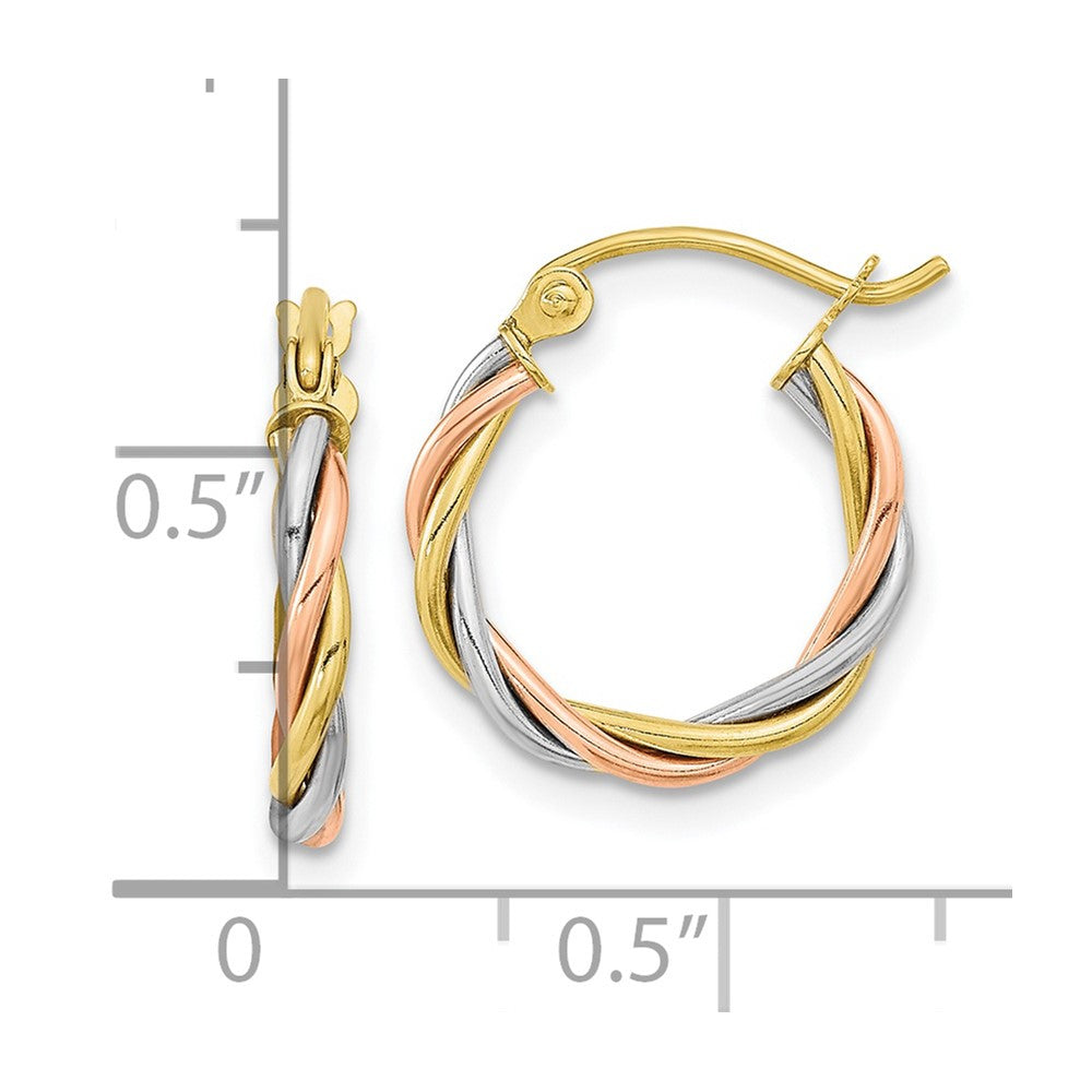 10k Tri Color 14.7 mm Twisted Hoop Earrings