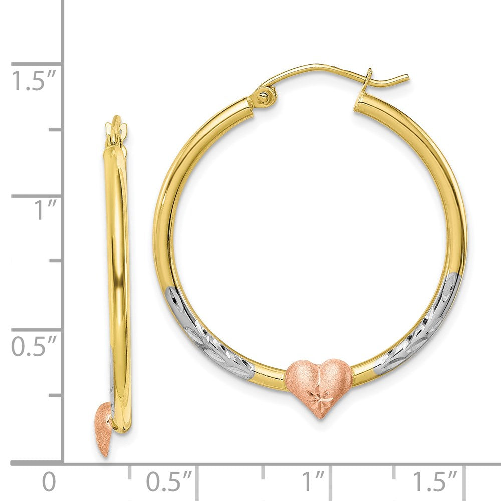 10k Two-tone 29.61 mm  Diamond Cut Heart Hoop Earrings