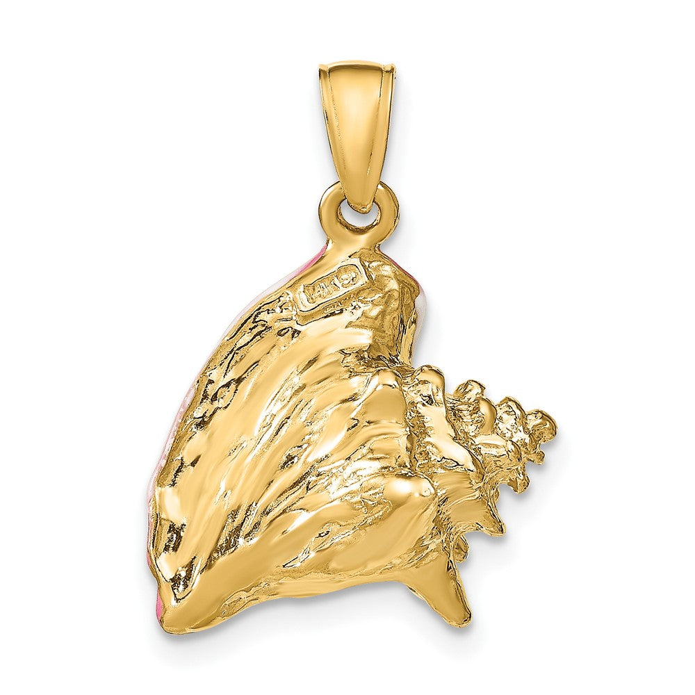 10k Yellow Gold 16 mm Polished 3-Dimensional Pink & White Enameled Conch Shell Pendant (4.79 grams)