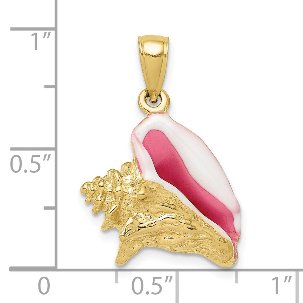 10k Yellow Gold 16 mm Polished 3-Dimensional Pink & White Enameled Conch Shell Pendant (4.79 grams)