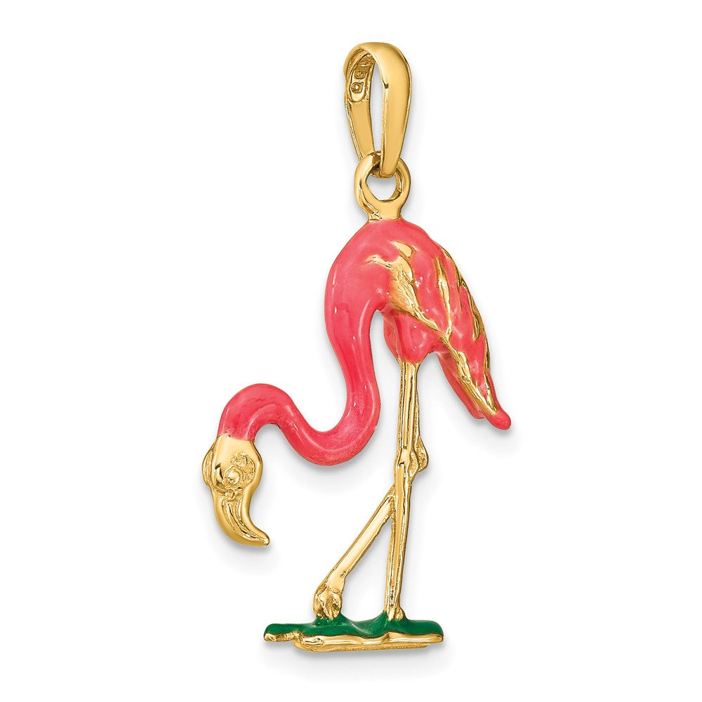 10k Yellow Gold 17 mm Enameled 3-D Pink Flamingo Pendant (2.23 grams)