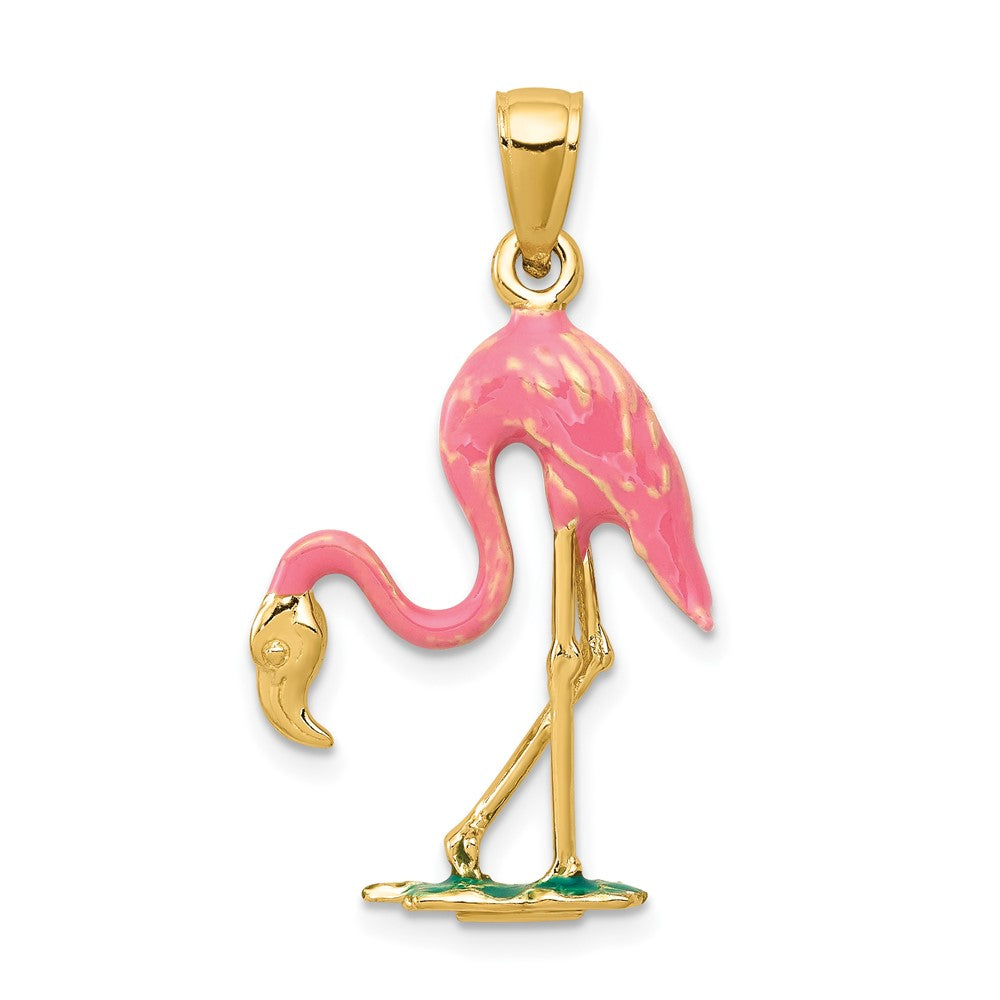 10k Yellow Gold 17 mm Enameled 3-D Pink Flamingo Pendant
