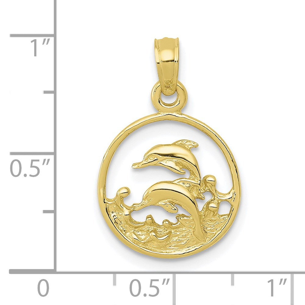 10k Yellow Gold 12.75 mm Double Dolphin Circle Pendant (1.06 grams)