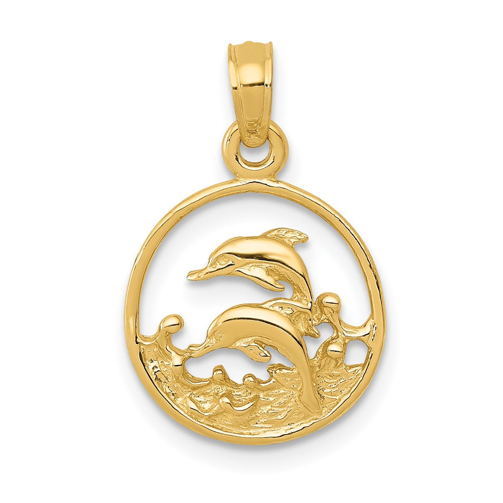 10k Yellow Gold 12.75 mm Double Dolphin Circle Pendant (1.06 grams)