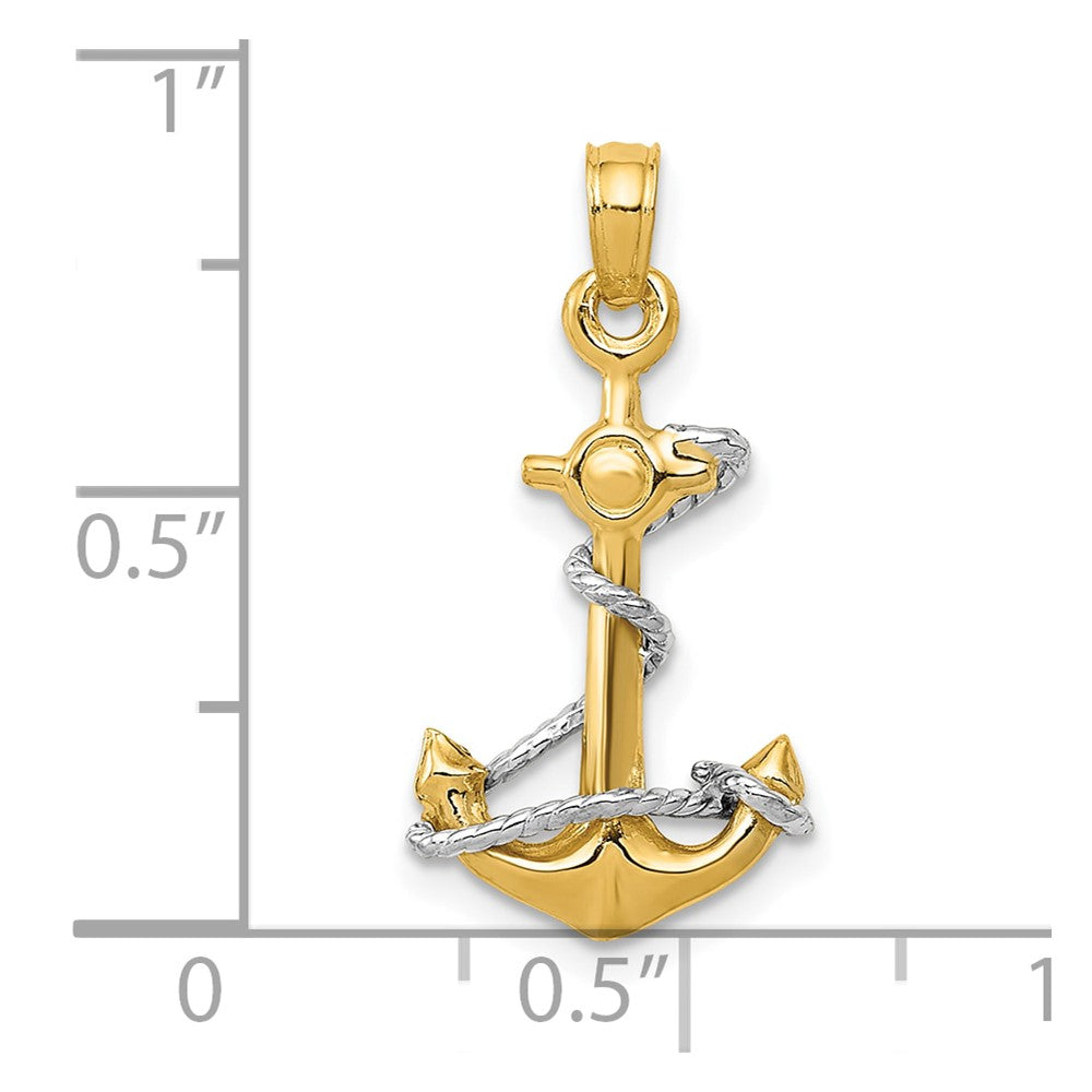 10k Two-tone 11 mm Two-Tone 3D Anchor W/Rope Pendant (1.12 grams)