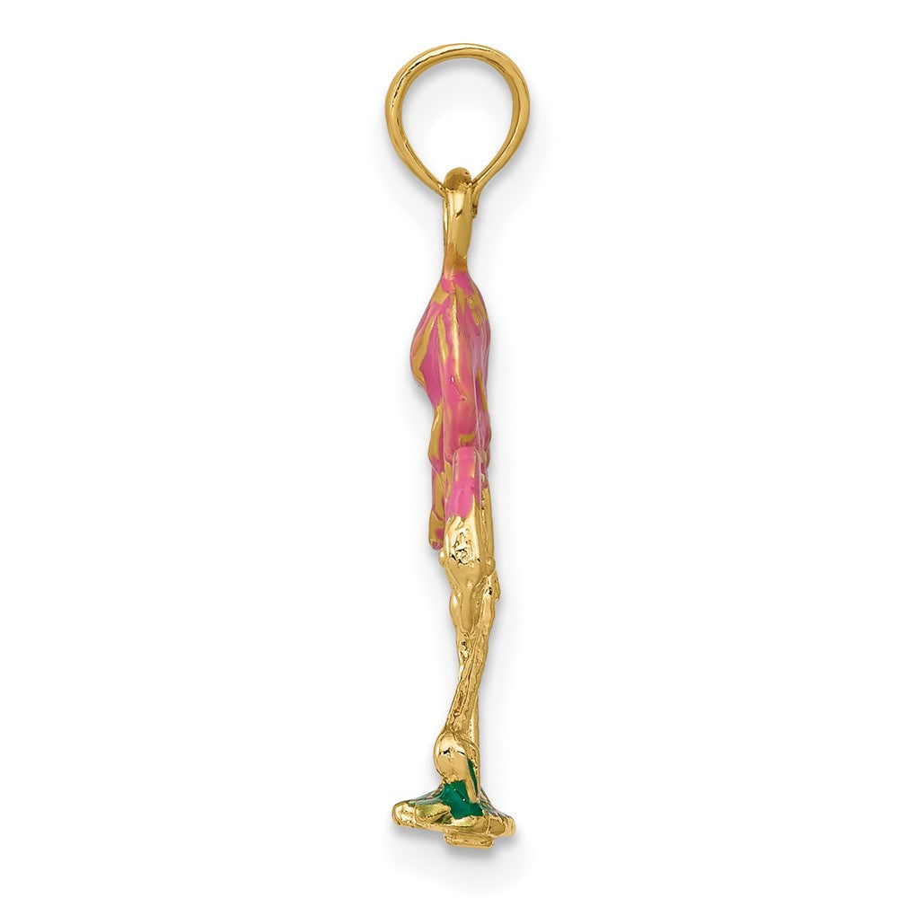 10k Yellow Gold 10.25 mm 3-D Enameled Pink Flamingo Pendant