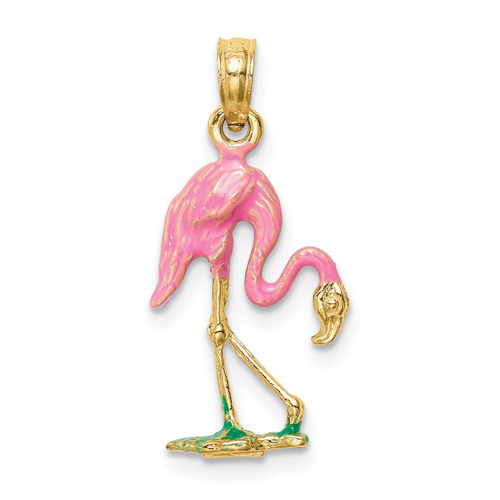 10k Yellow Gold 10.25 mm 3-D Enameled Pink Flamingo Pendant (1.15 grams)