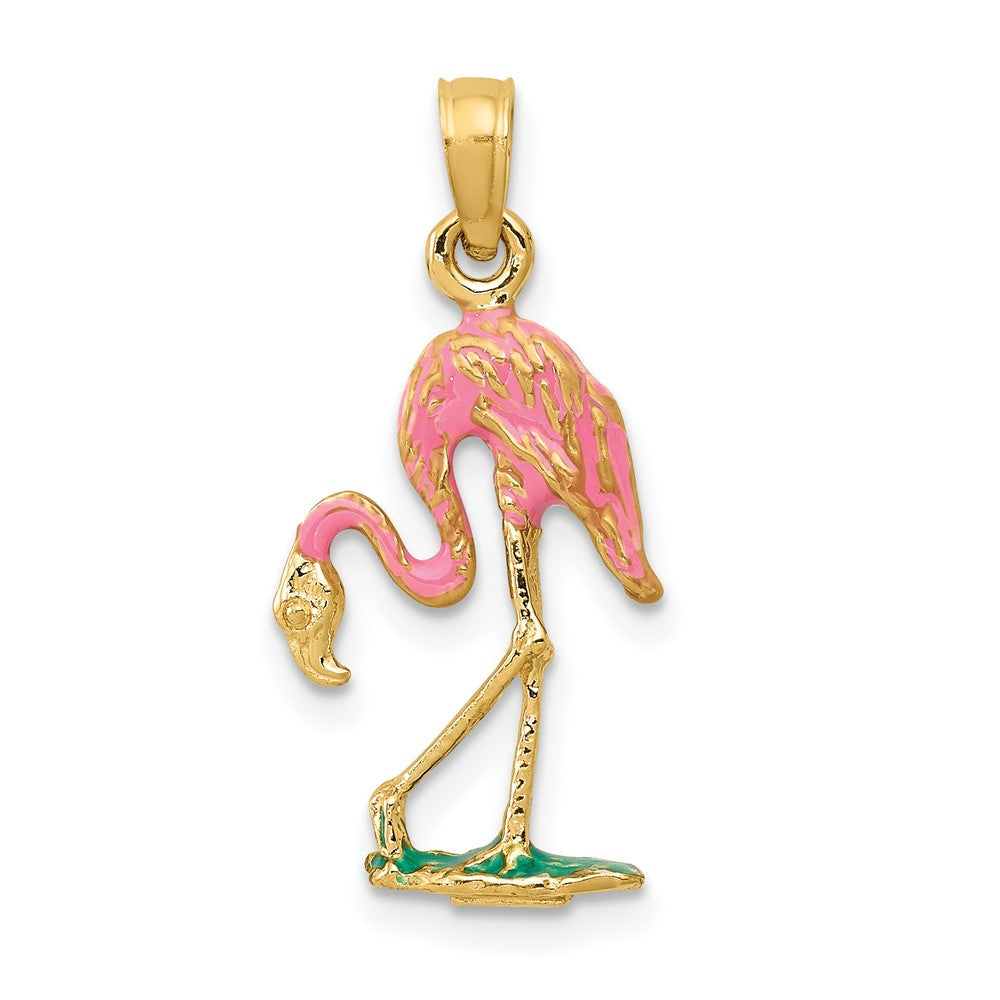 10k Yellow Gold 10.25 mm 3-D Enameled Pink Flamingo Pendant