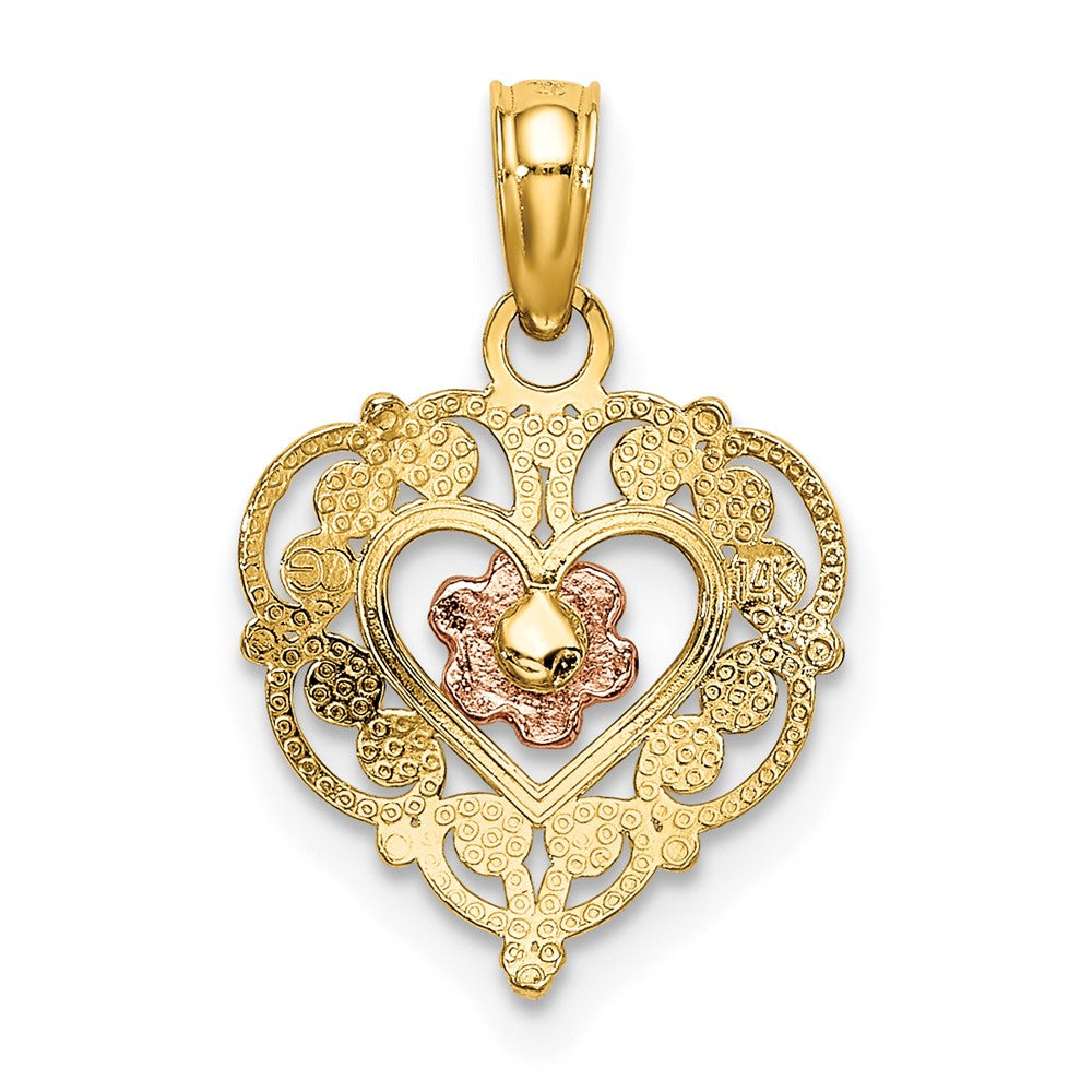 10k Two-tone 12 mm Two-tone Polished Flower in Fancy Border Heart Pendant (0.58 grams)