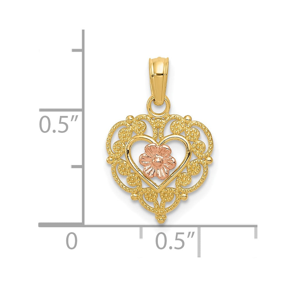 10k Two-tone 12 mm Two-tone Polished Flower in Fancy Border Heart Pendant (0.58 grams)