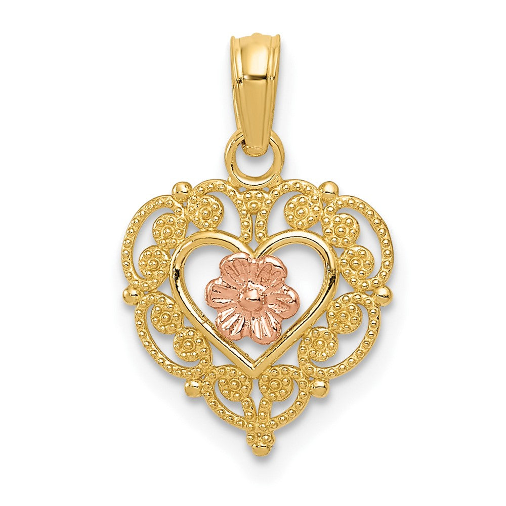 10k Two-tone 12 mm Two-tone Polished Flower in Fancy Border Heart Pendant (0.58 grams)