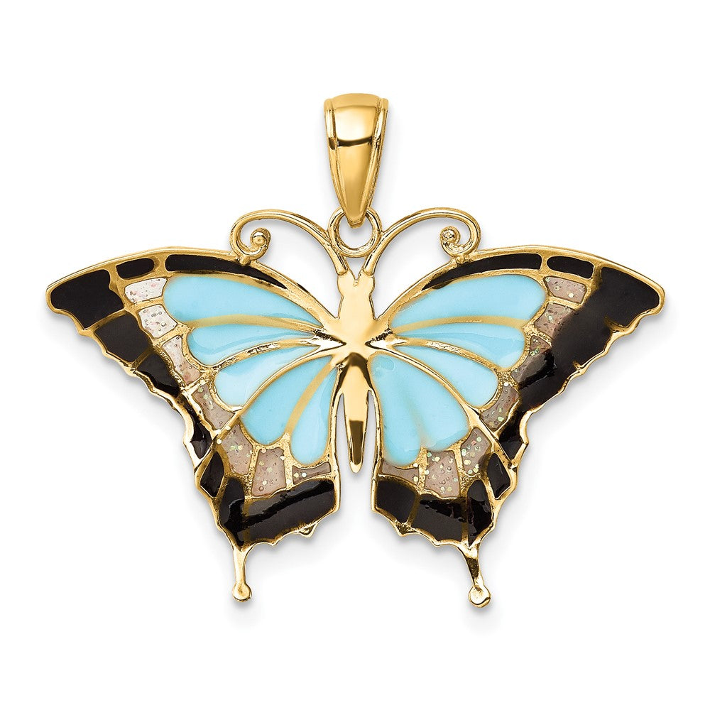 10k Yellow Gold 31 mm Aqua Enameled Butterfly Pendant (1.21 grams)