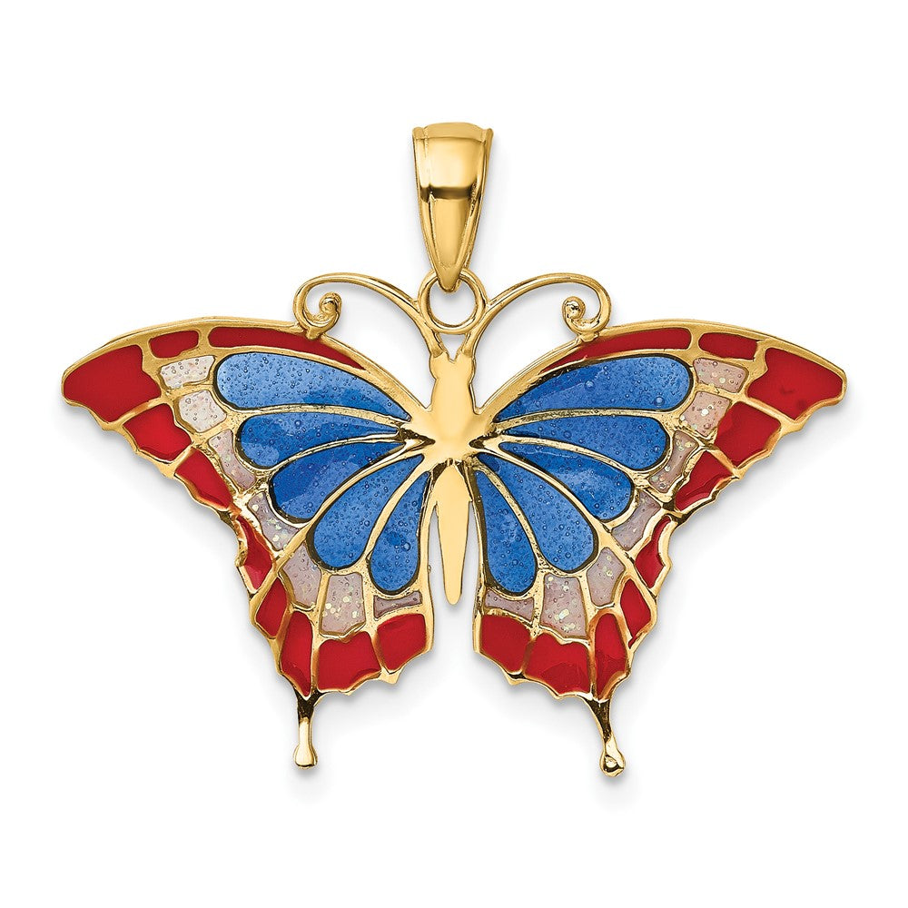 10k Yellow Gold 31 mm Blue & Red Enameled Butterfly Pendant (1.26 grams)