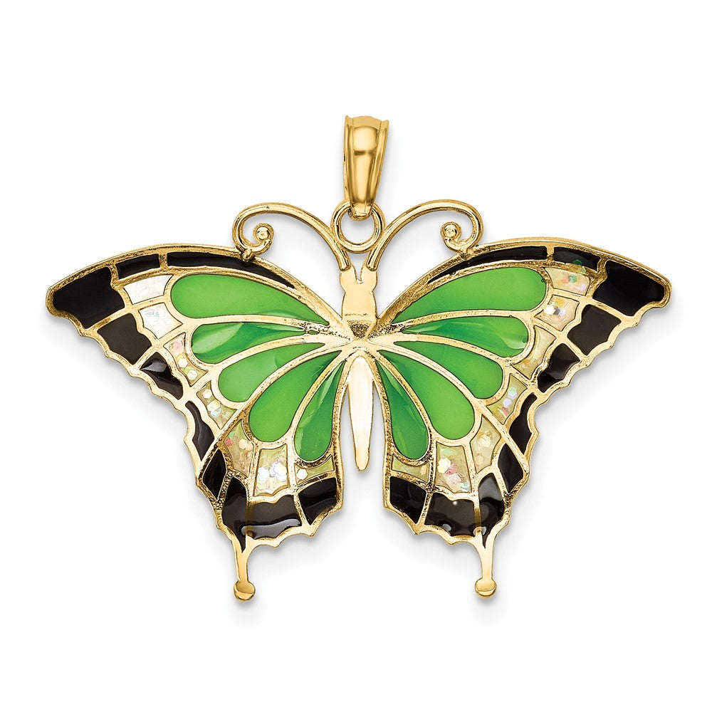 10k Yellow Gold 31 mm Green Enameled Butterly Pendant