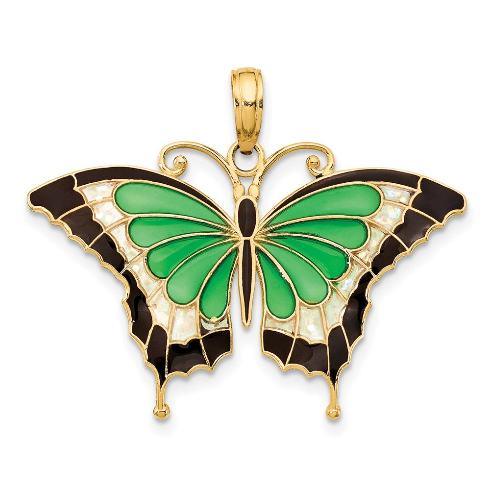 10k Yellow Gold 31 mm Green Enameled Butterly Pendant