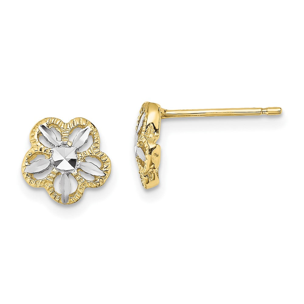 10k Yellow w/Rhodium 7.9 mm  Diamond-cut Flower Post Earrings (0.86 grams)