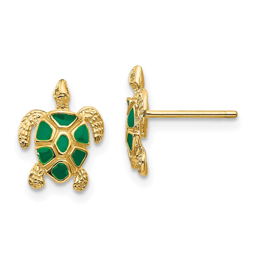 10k Yellow Gold 9 mm Green Enameled Sea Turtle Post Earrings (1.22 grams)