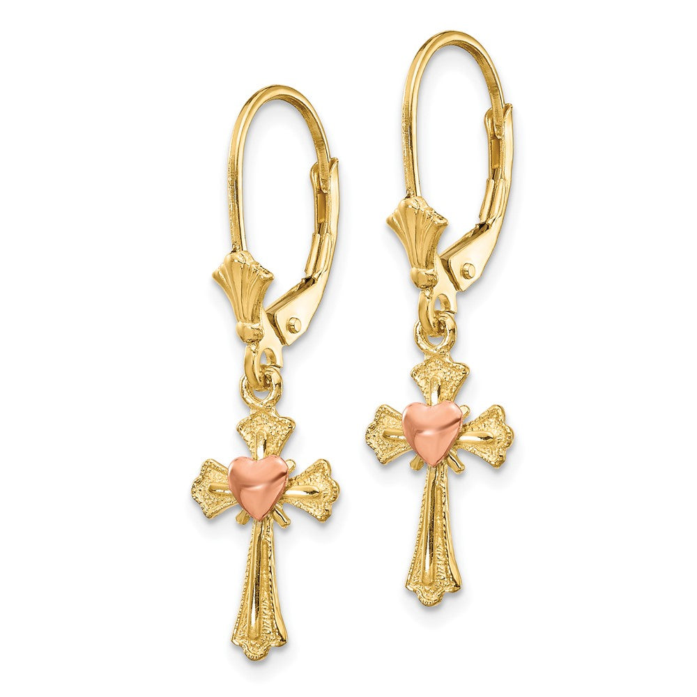 10k Two-tone 9 mm Two-tone Heart on Cross Leverback Earrings (1.42 grams)