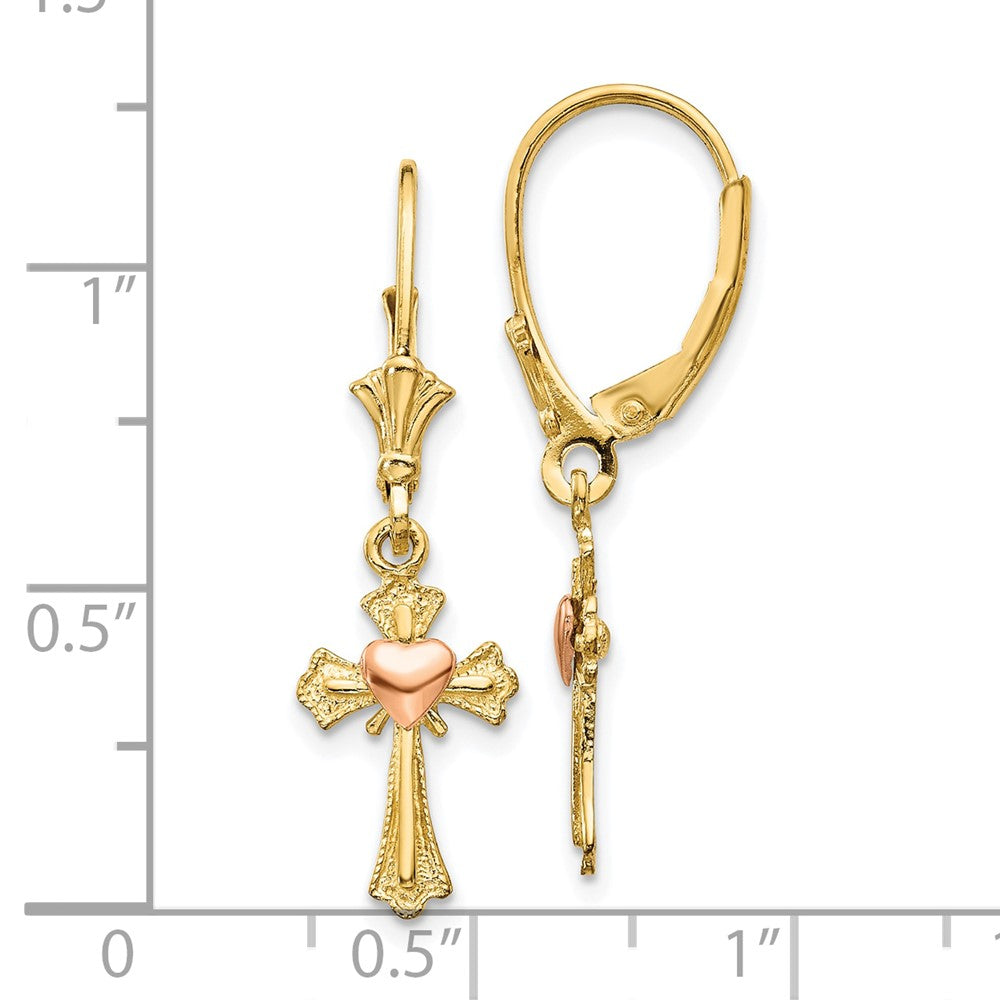 10k Two-tone 9 mm Two-tone Heart on Cross Leverback Earrings (1.42 grams)