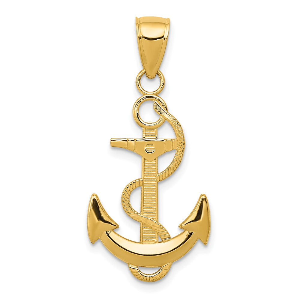 10k Yellow Gold 15 mm Polished Anchor with Textured Rope (1.07 grams)