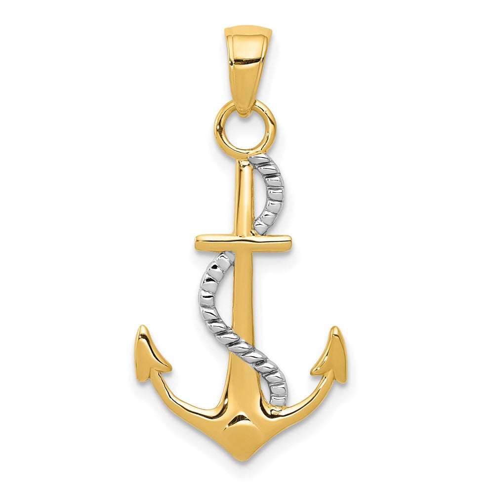 10k Yellow w/Rhodium 15 mm  Polished Anchor W/Rope Pendant (1.01 grams)