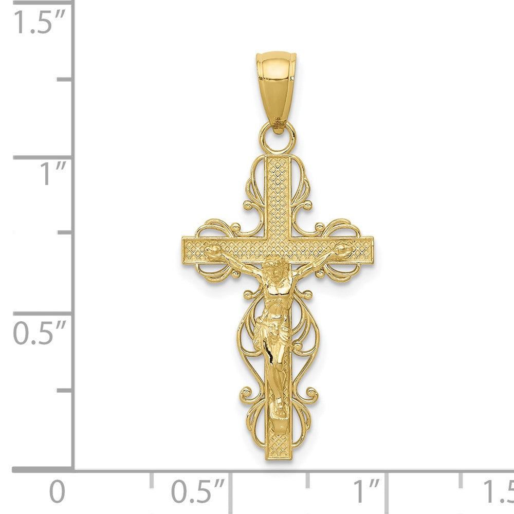 10k Yellow Gold 16 mm Gold Polished Jesus Crucifix w/lace Trim Pendant (1.61 grams)