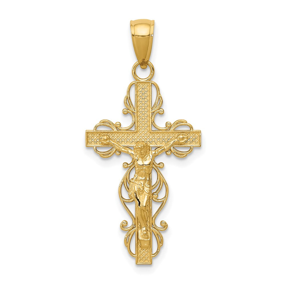 10k Yellow Gold 16 mm Gold Polished Jesus Crucifix w/lace Trim Pendant (1.61 grams)