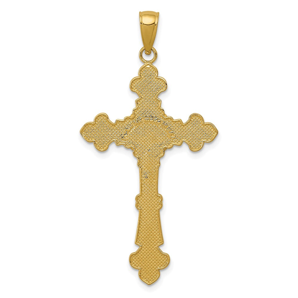 10k Yellow Gold 23 mm Polished Textured INRI Jesus Crucifix Fleur de Lis Pendant (1.99 grams)