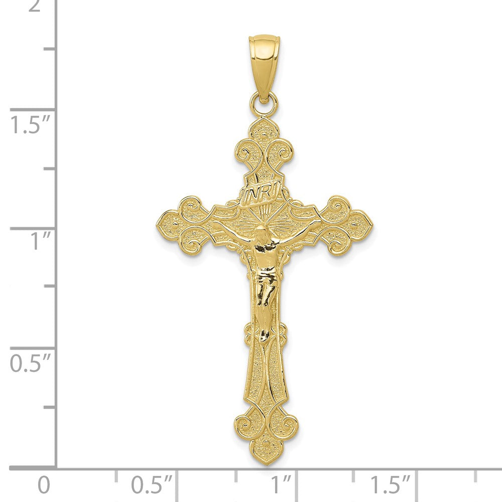 10k Yellow Gold 23 mm Polished Textured INRI Jesus Crucifix Fleur de Lis Pendant (1.99 grams)