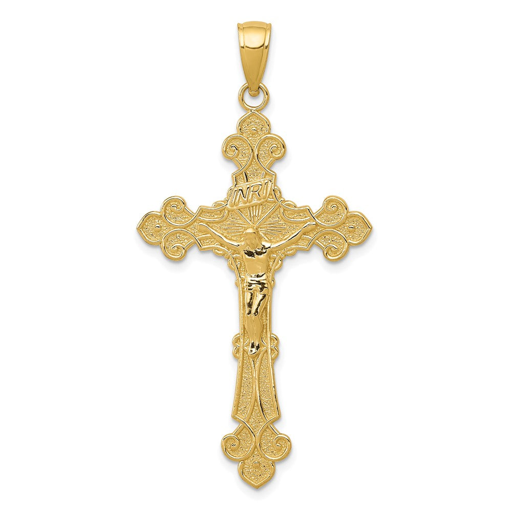 10k Yellow Gold 23 mm Polished Textured INRI Jesus Crucifix Fleur de Lis Pendant (1.99 grams)