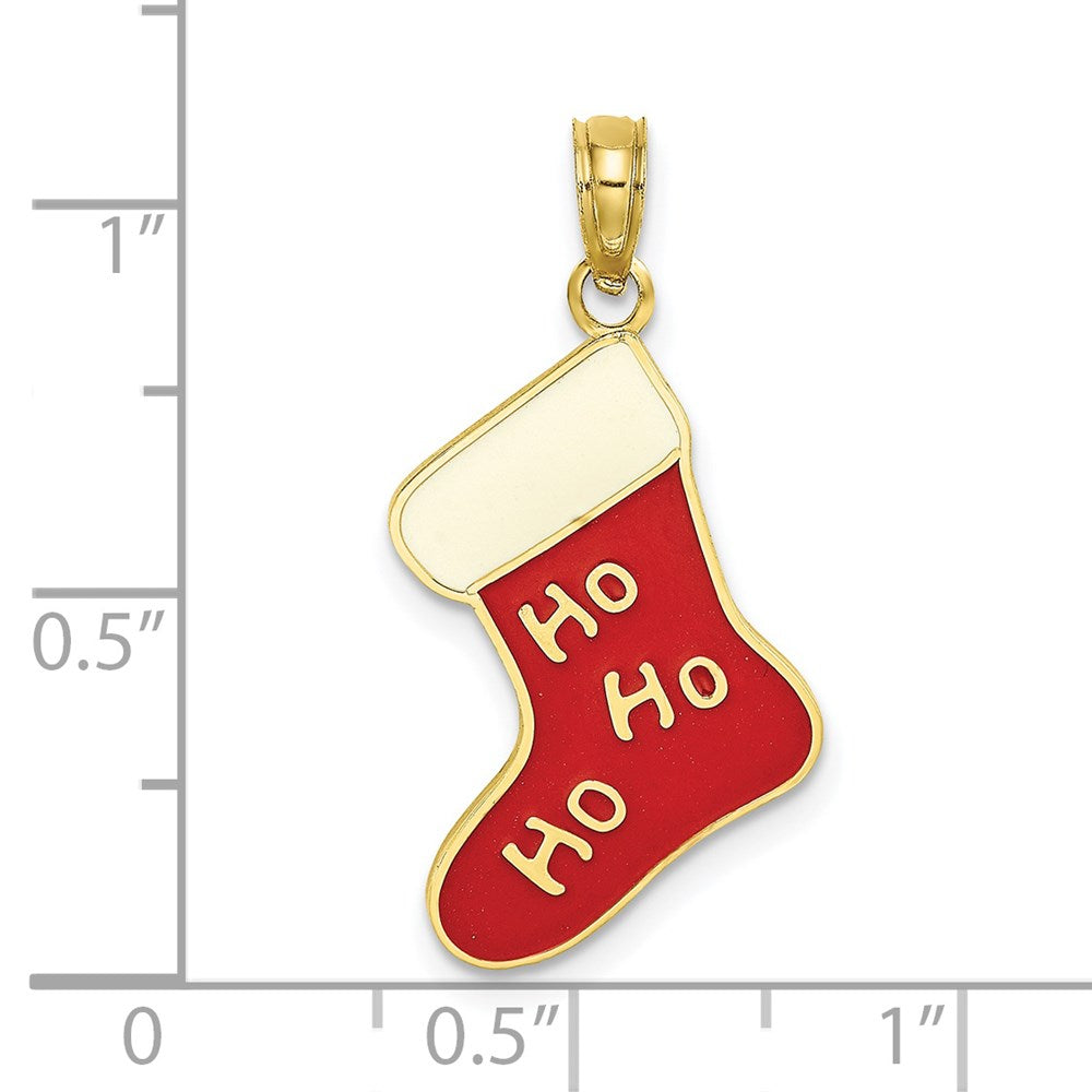 10k Yellow Gold 12.8 mm Enamel HO HO HO Christmas Stocking Charm (1.09 grams)