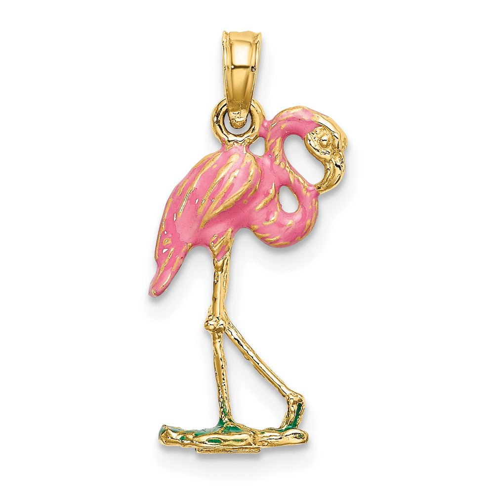 10k Yellow Gold 10.9 mm 3-D Pink Enamel Flamingo Charm (1.29 grams)