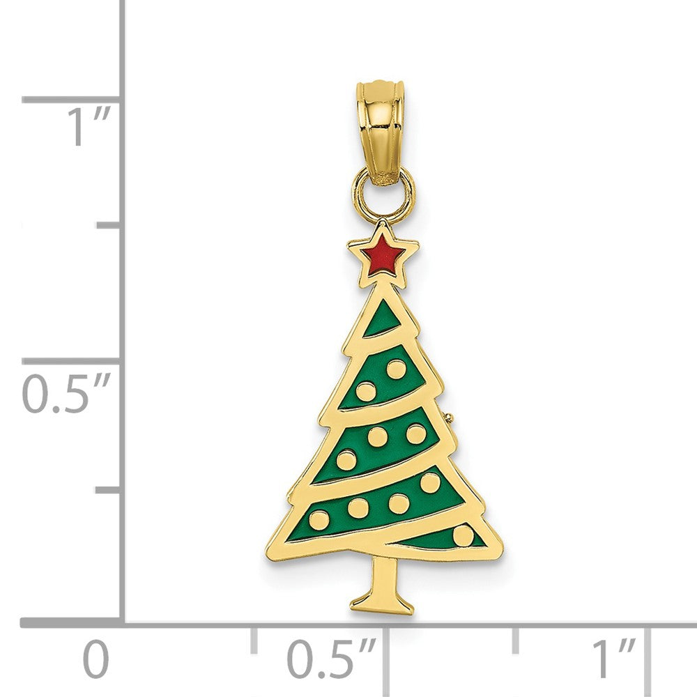 10k Yellow Gold 11 mm Enamel Green Christmas Tree W/ Red Star Charm (0.69 grams)