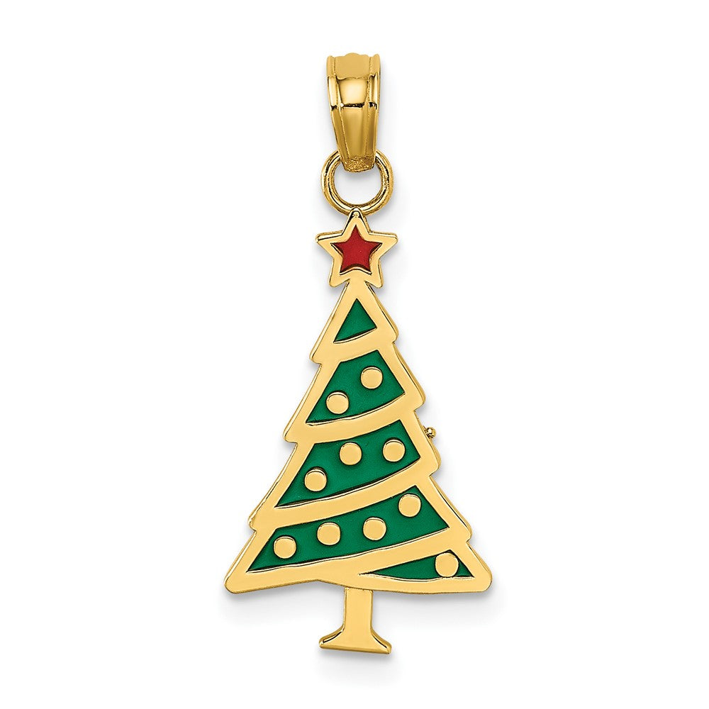 10k Yellow Gold 11 mm Enamel Green Christmas Tree W/ Red Star Charm (0.69 grams)