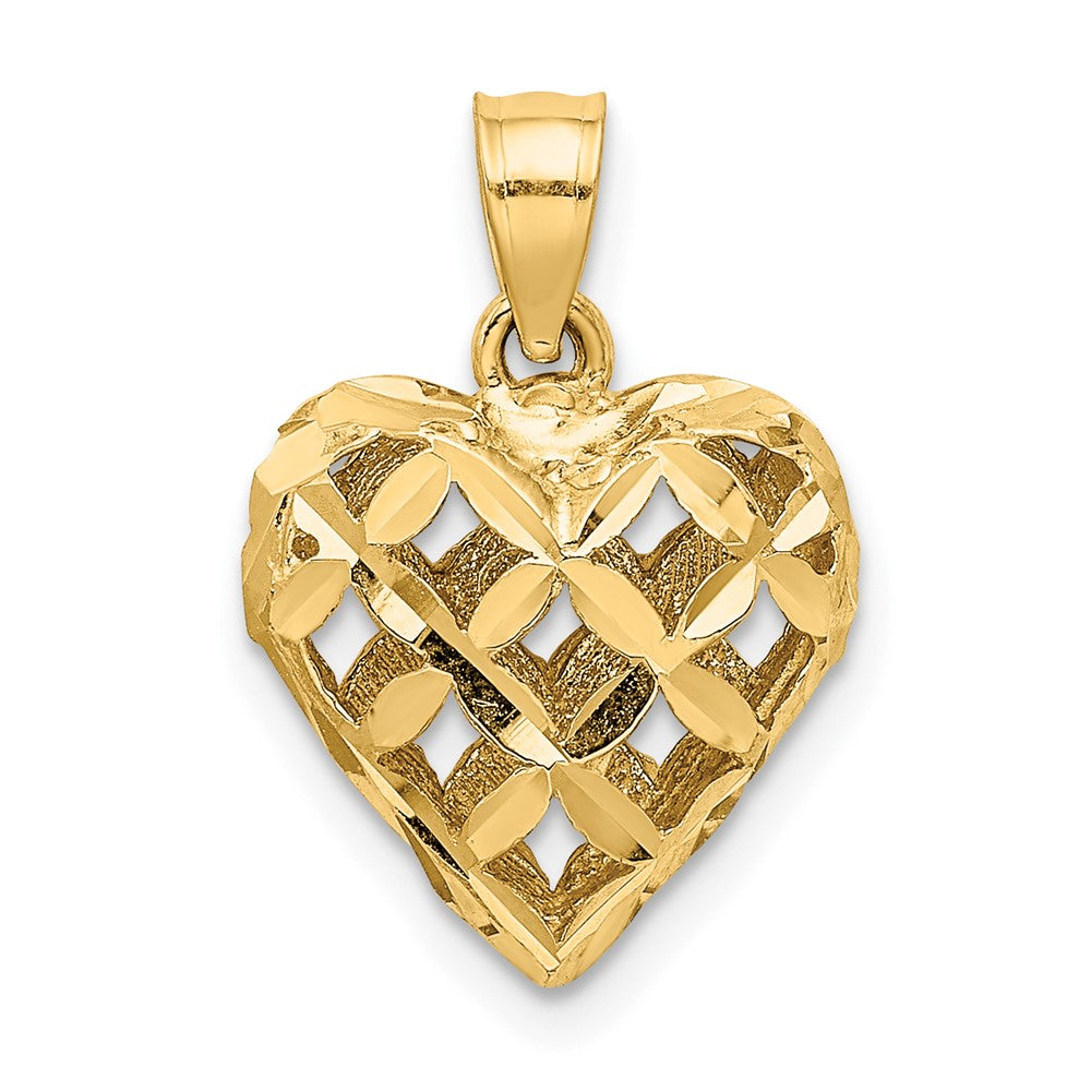 10k Yellow Gold 13 mm 3-D Diamond-cut Filigree Puffed Heart Charm (1.05 grams)