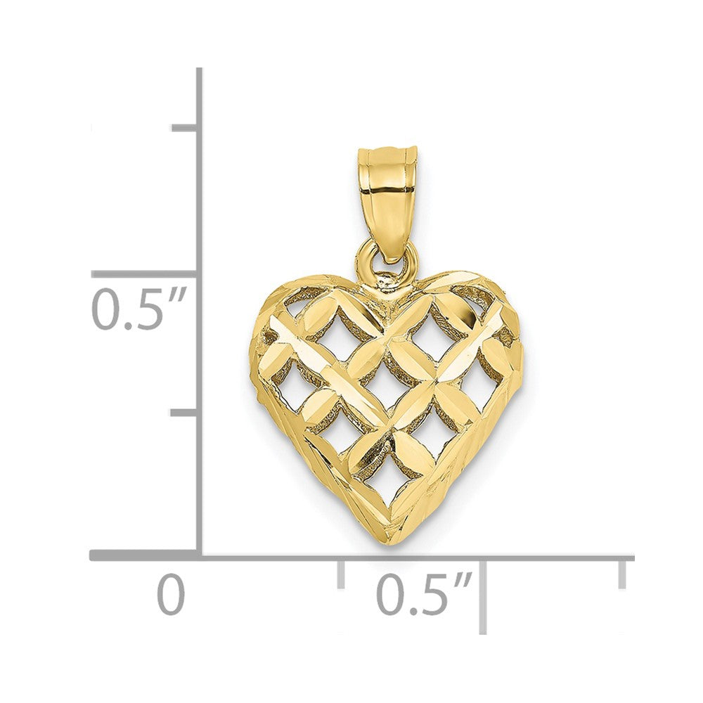 10k Yellow Gold 13 mm 3-D Diamond-cut Filigree Puffed Heart Charm (1.05 grams)