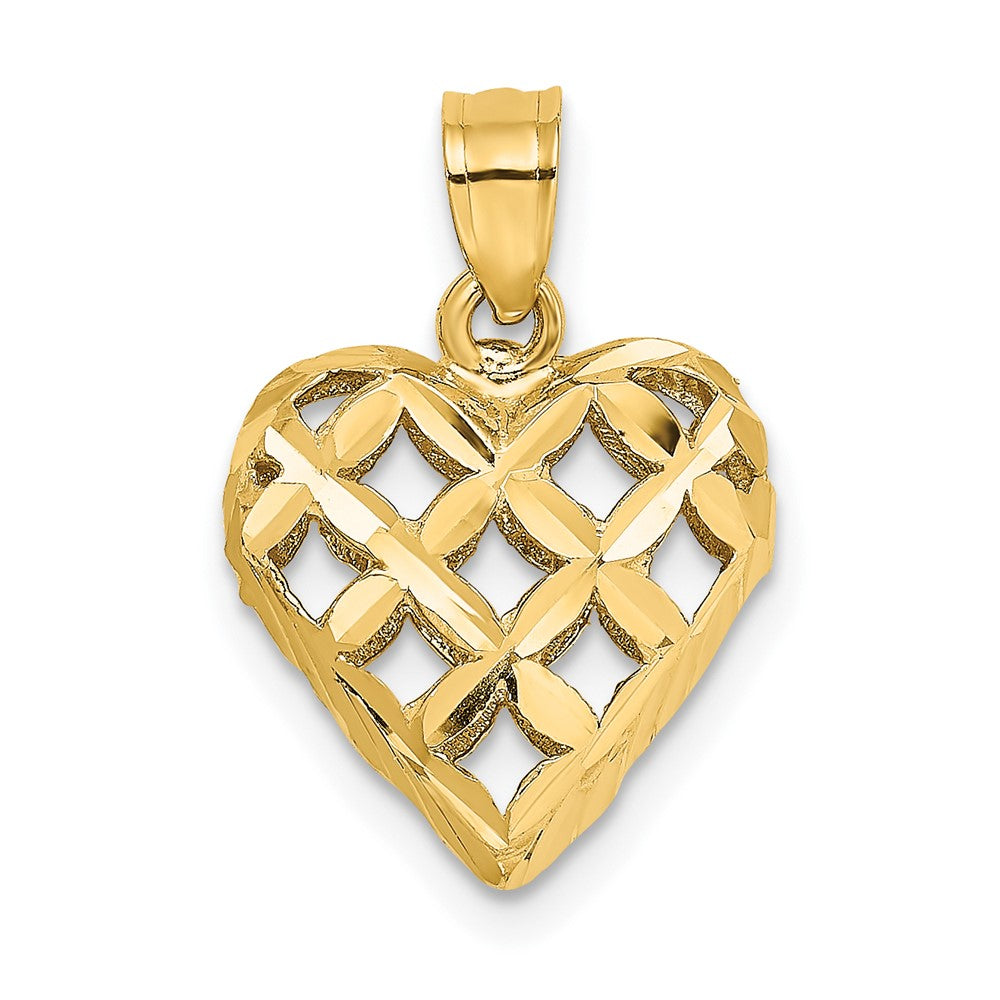 10k Yellow Gold 13 mm 3-D Diamond-cut Filigree Puffed Heart Charm (1.05 grams)