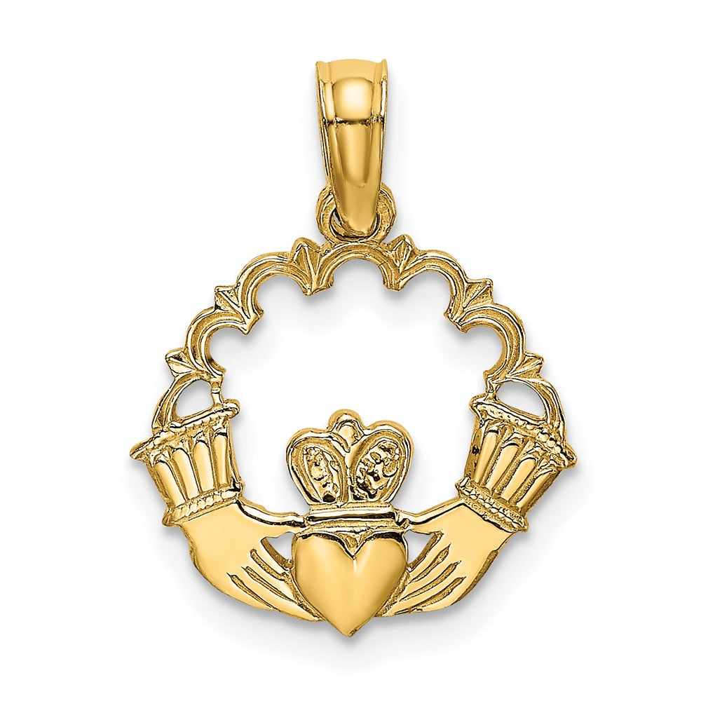 10k Yellow Gold 15 mm Engraved Claddagh In Scallop Circle Charm (0.6 grams)