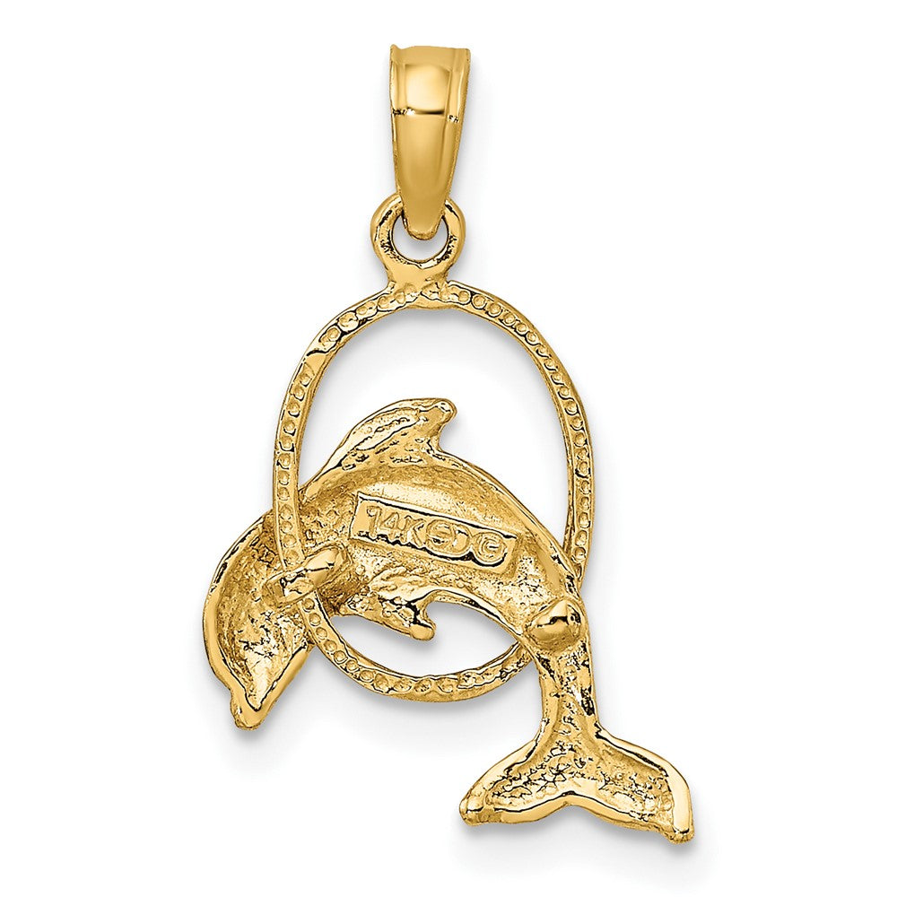 10k Yellow Gold 14.3 mm Polished Dolphin Jumping Through Hoop Charm (0.9 grams)