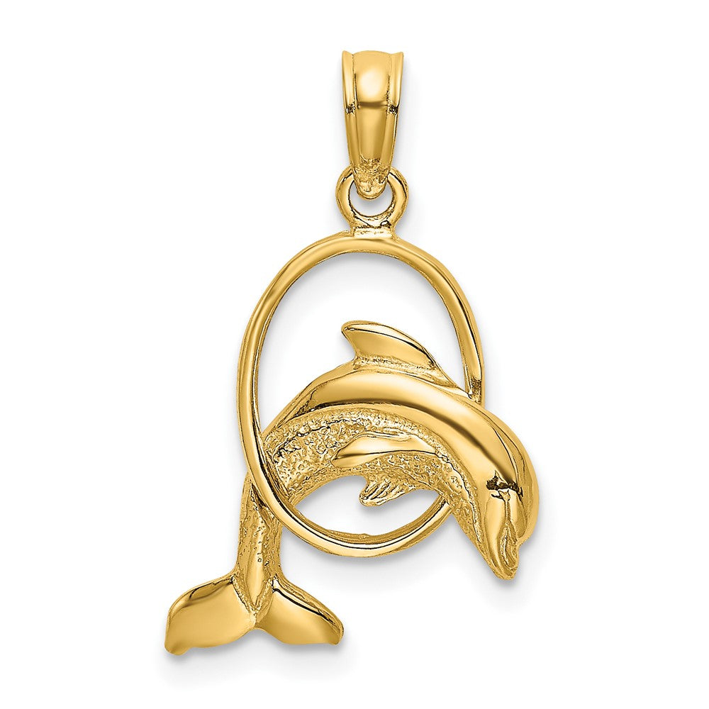 10k Yellow Gold 14.3 mm Polished Dolphin Jumping Through Hoop Charm (0.9 grams)