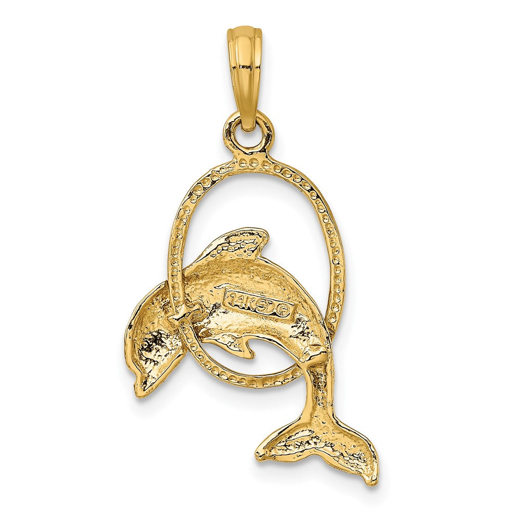 10k Yellow Gold 17.3 mm Polished Dolphin Jumping Through Hoop Charm (1.44 grams)