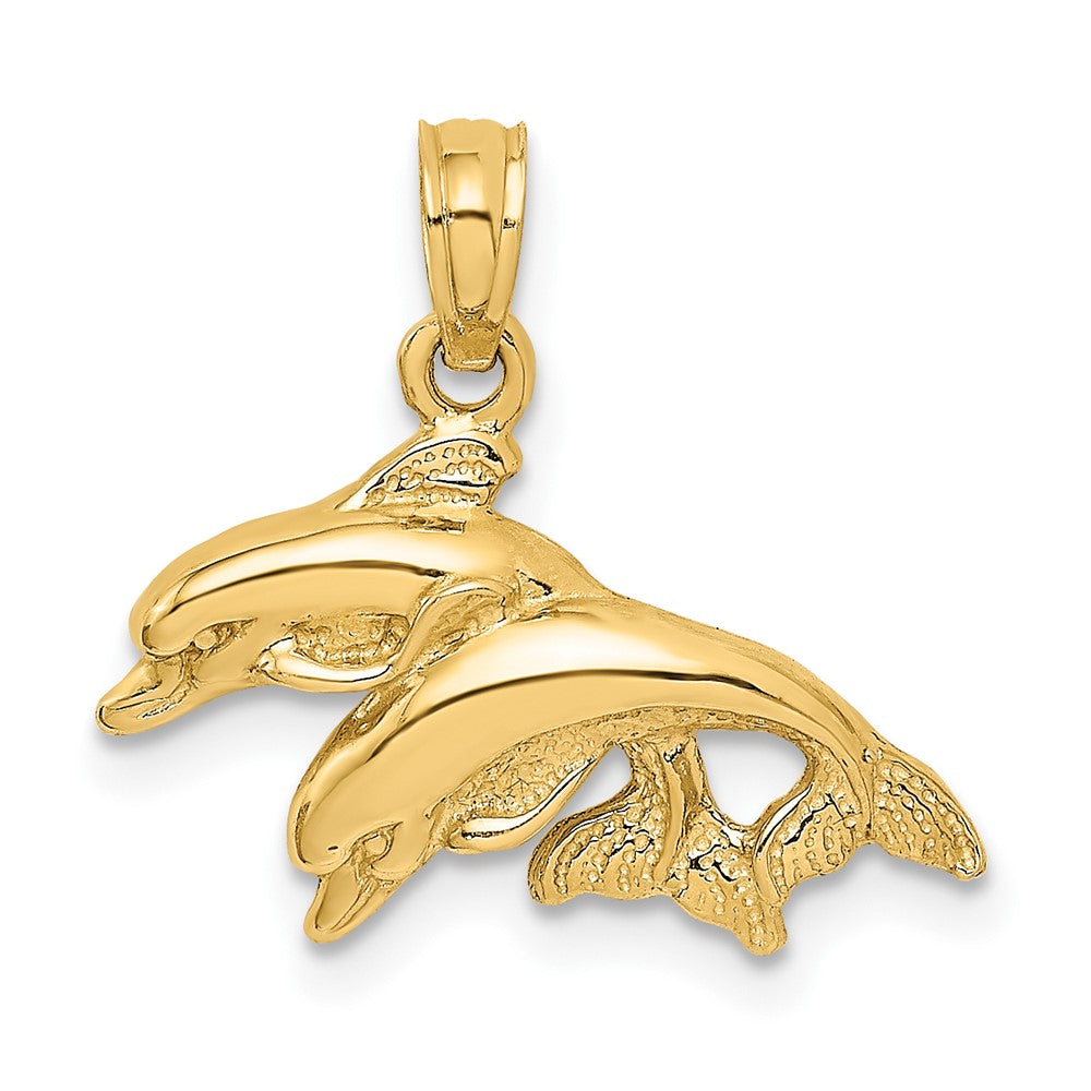 10k Yellow Gold 19.5 mm Polished Double Dolphins Jumping Charm (1.31 grams)