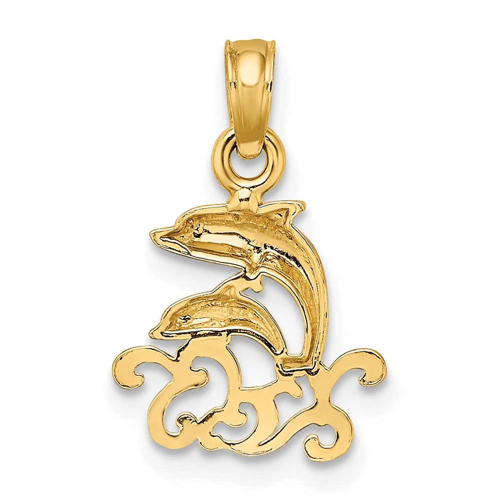 10k Yellow Gold 11.85 mm Textured Mini Double Dolphins and Waves Charm (0.57 grams)