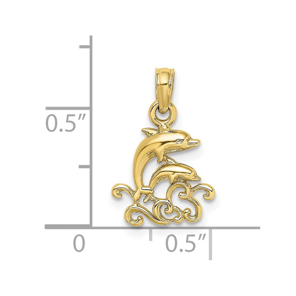 10k Yellow Gold 11.85 mm Textured Mini Double Dolphins and Waves Charm (0.57 grams)