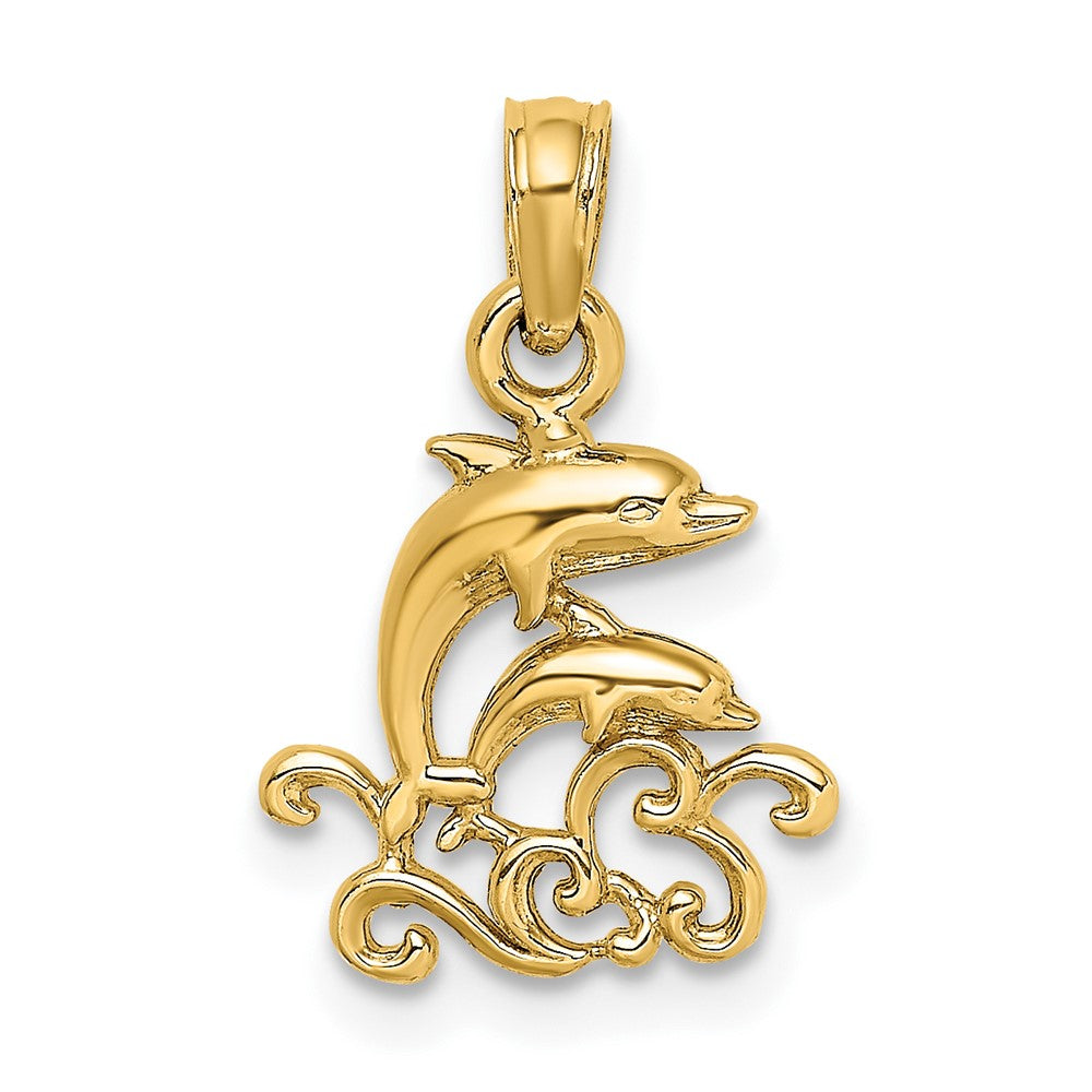 10k Yellow Gold 11.85 mm Textured Mini Double Dolphins and Waves Charm (0.57 grams)