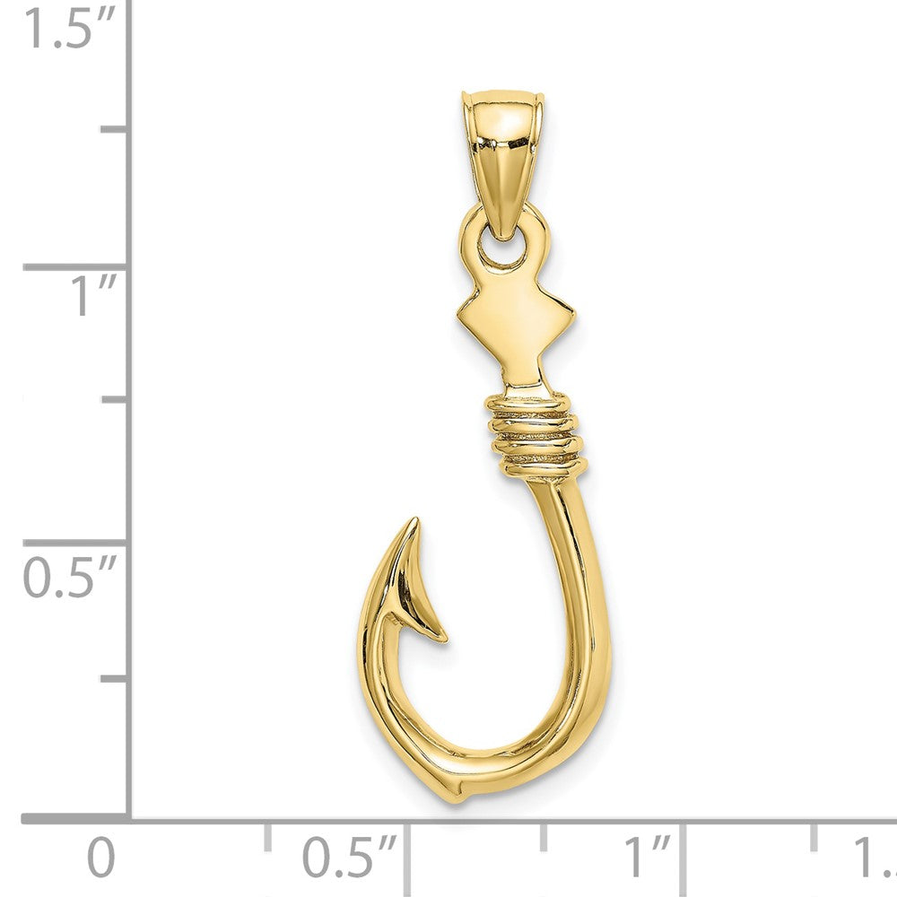 10k Yellow Gold 12.55 mm 3-D Large Fish Hook with Rope Charm (2.29 grams)