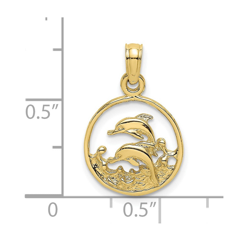 10k Yellow Gold 12.4 mm Two Dolphins in Circle Charm (0.83 grams)