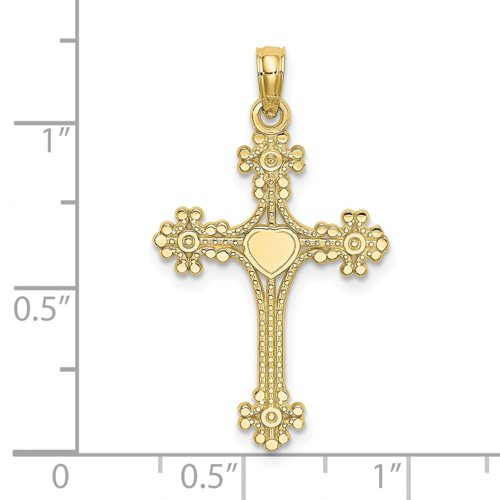 10k Yellow Gold 17 mm Beaded Tip Cross w/ Heart Center Charm (0.89 grams)