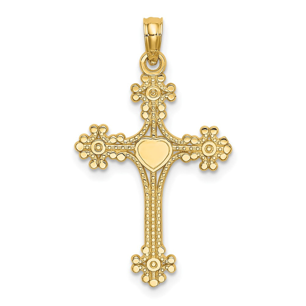 10k Yellow Gold 17 mm Beaded Tip Cross w/ Heart Center Charm (0.89 grams)